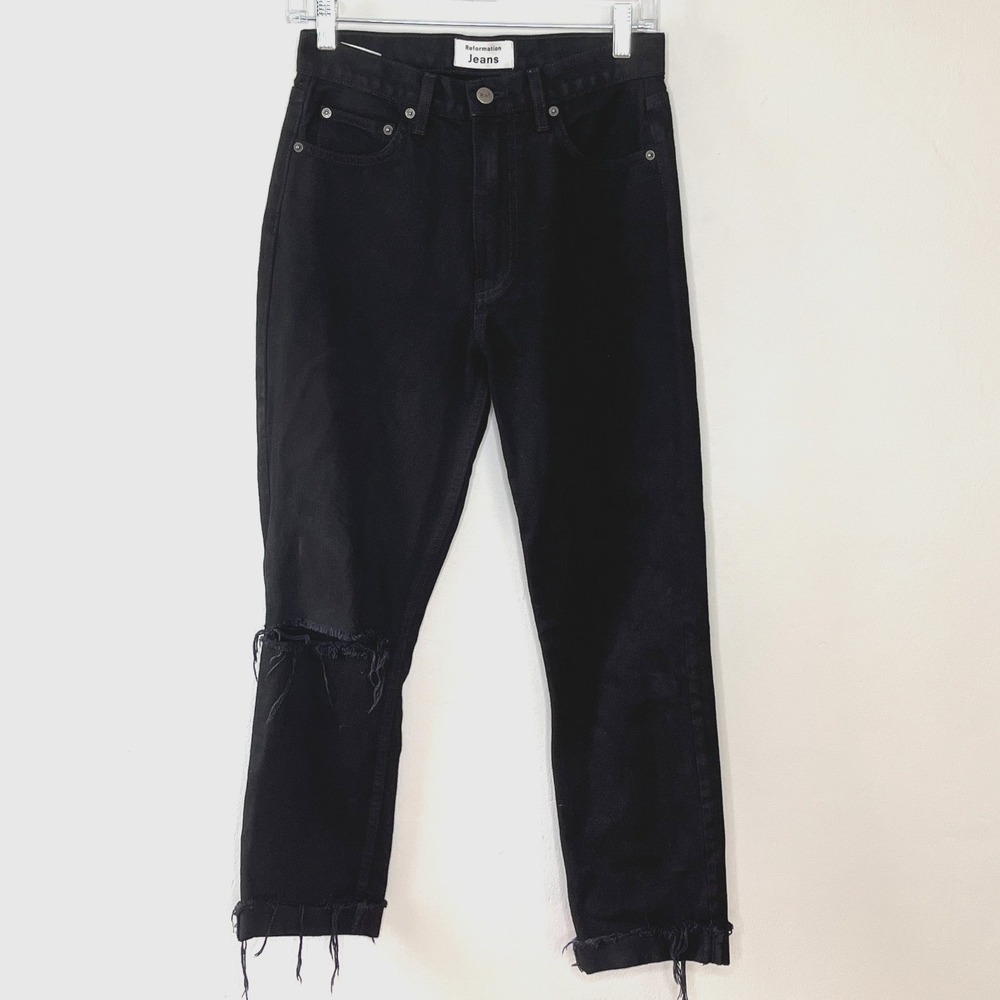 Reformation Jeans Julia‎ High Cigarette Womens 26 Black Destroyed Cuffed Hem